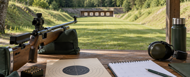 KI-generiertes Symbolbild: Sportgewehr, Zielscheibe und Kalender an einem 50-Meter-Schießstand
