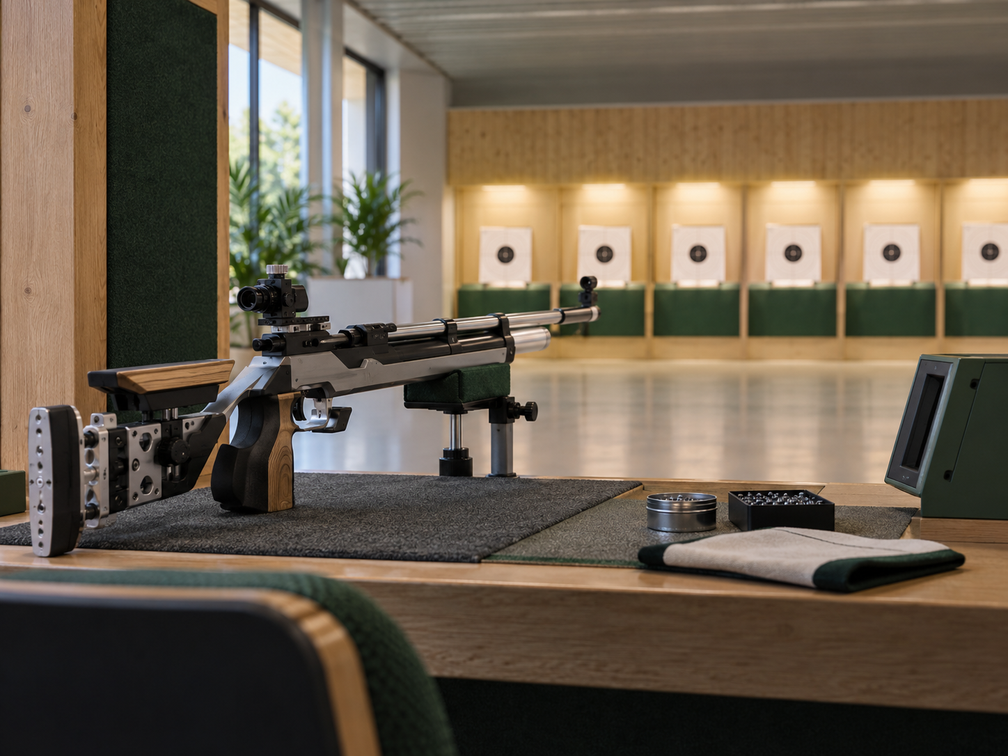 KI-generiertes Symbolbild eines ruhigen Luftgewehr-Schießstands mit Matchgewehr und Zielscheiben
