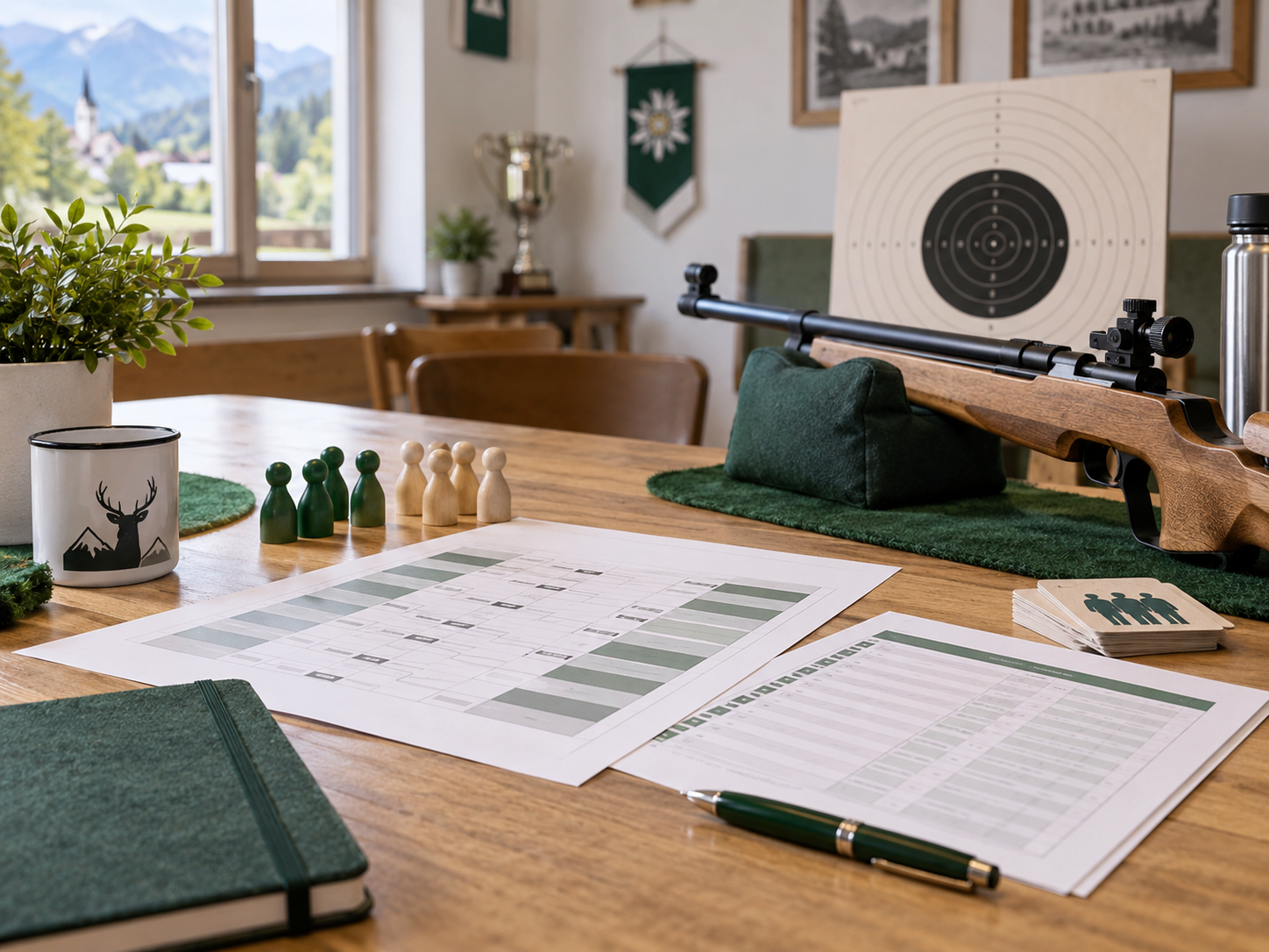KI-generiertes Symbolbild mit Turnierplan, Mannschaftsmarkierungen und Luftgewehr im Vereinsraum
