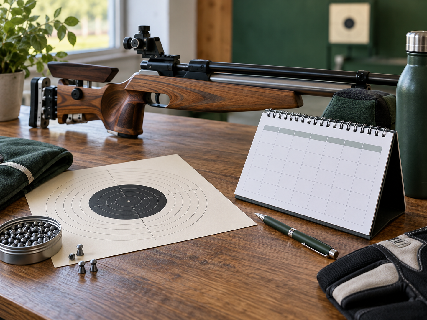 KI-generiertes Symbolbild mit Luftgewehr, Kalender und Zielscheibe zur Saisonplanung